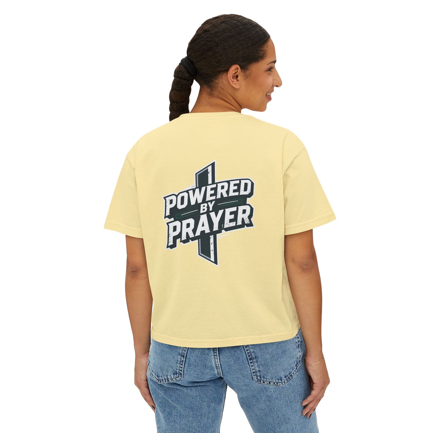 Powered by Prayer Boxy Tee — Women's Christian Graphic Shirt
