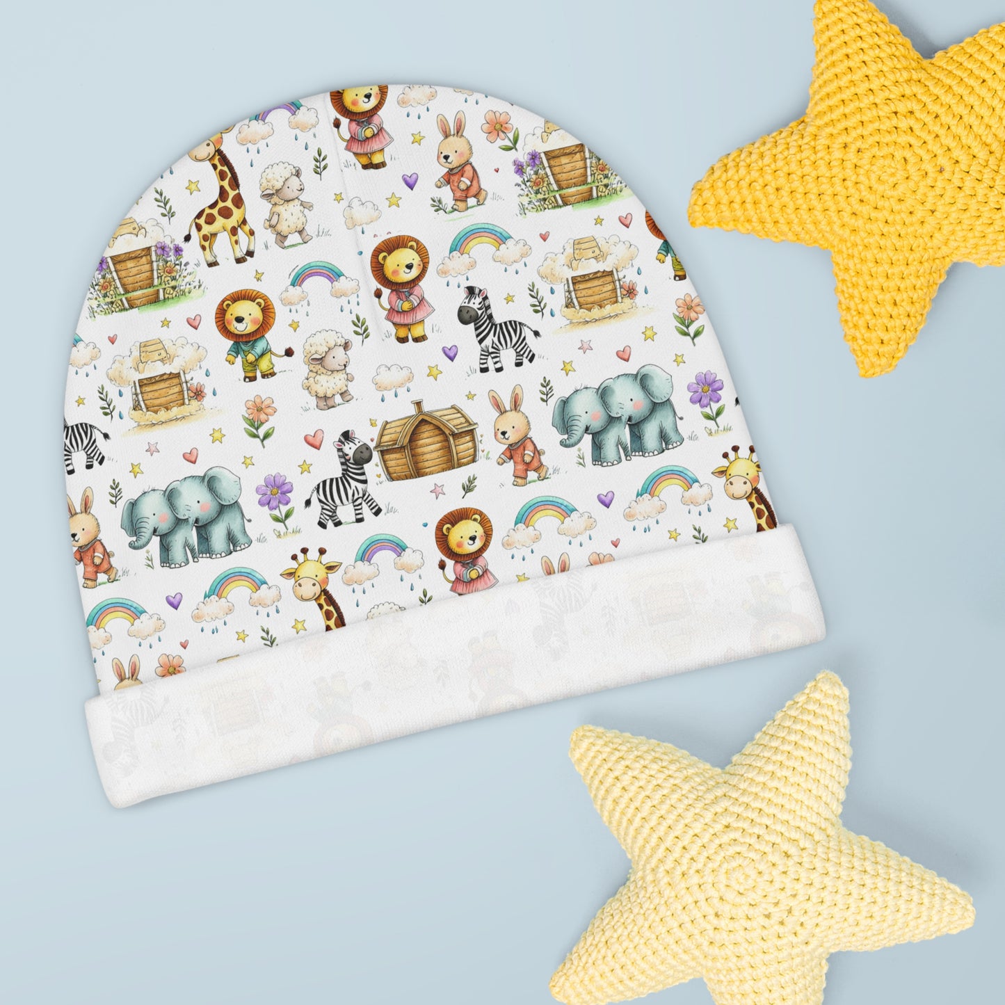 Baby Beanie - Watercolor Safari Animals Newborn Hat, Cute Nursery Gift