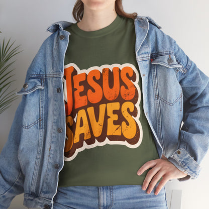 Jesus Saves Retro Tee — Bright Sunset Faith T-Shirt