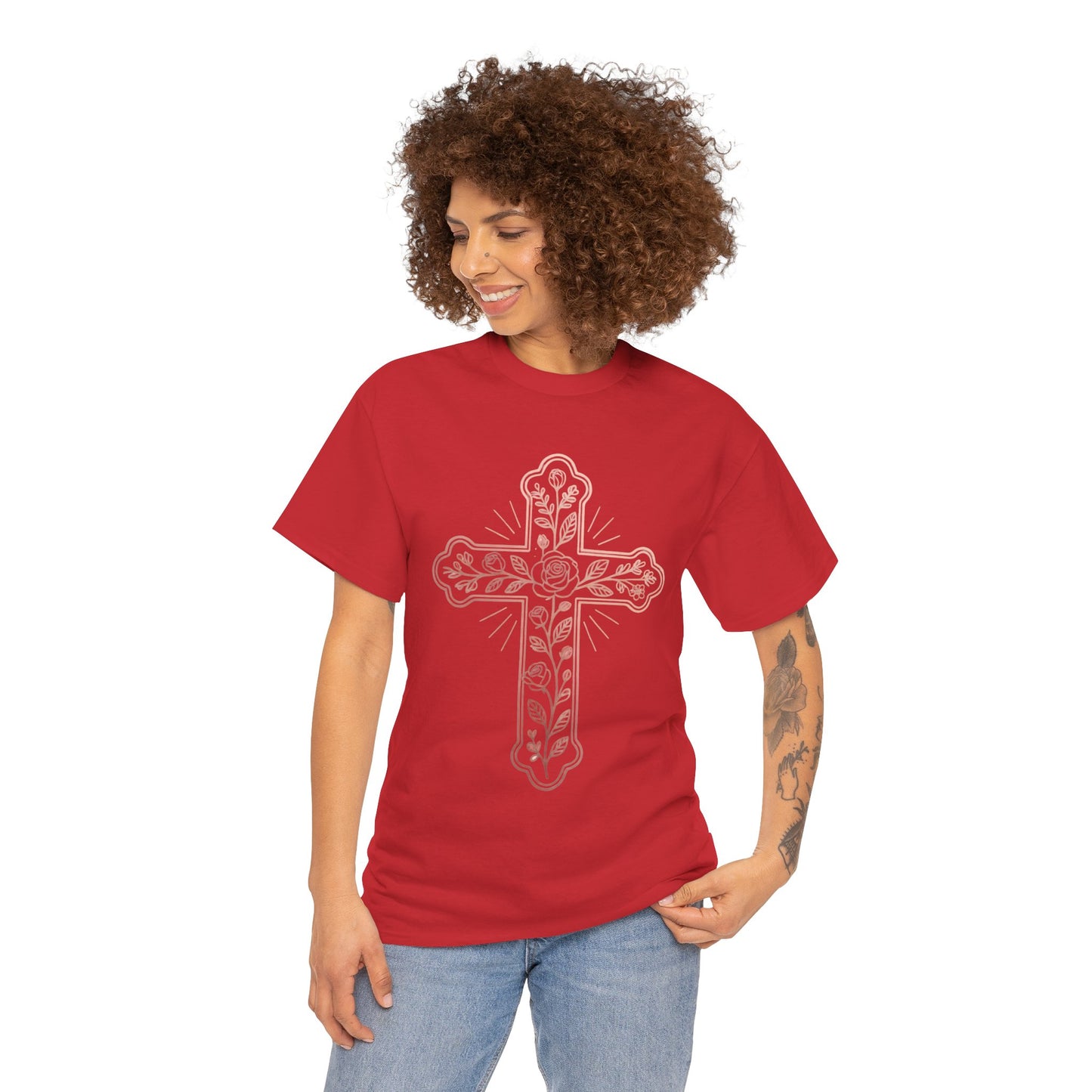 Floral Cross Tee – Delicate Pink Botanical Christian T-Shirt