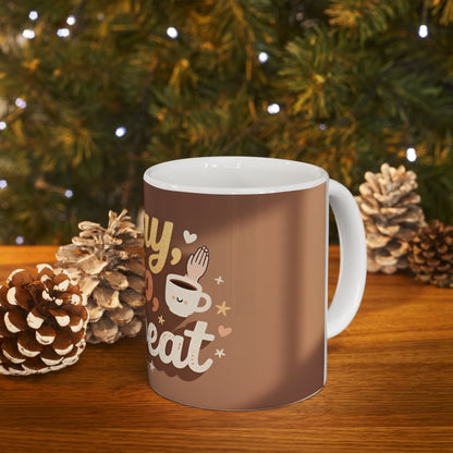 Pray Sip Repeat Mug | Ceramic Coffee Cup, Brown Stripes