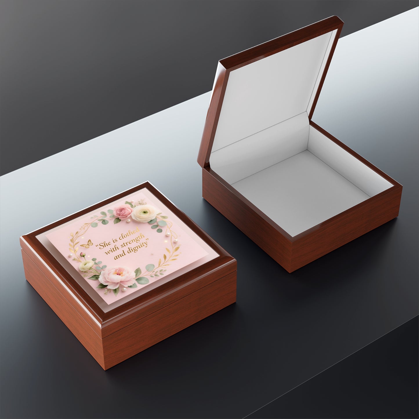 Jewelry Box - Floral Pink Keepsake with Quote “She is clothed with strength and dignity”