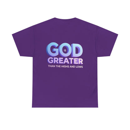 God Greater Gradient Tee — Soft Blue & Lilac Faith Shirt