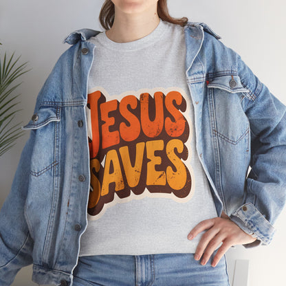 Jesus Saves Retro Tee — Bright Sunset Faith T-Shirt