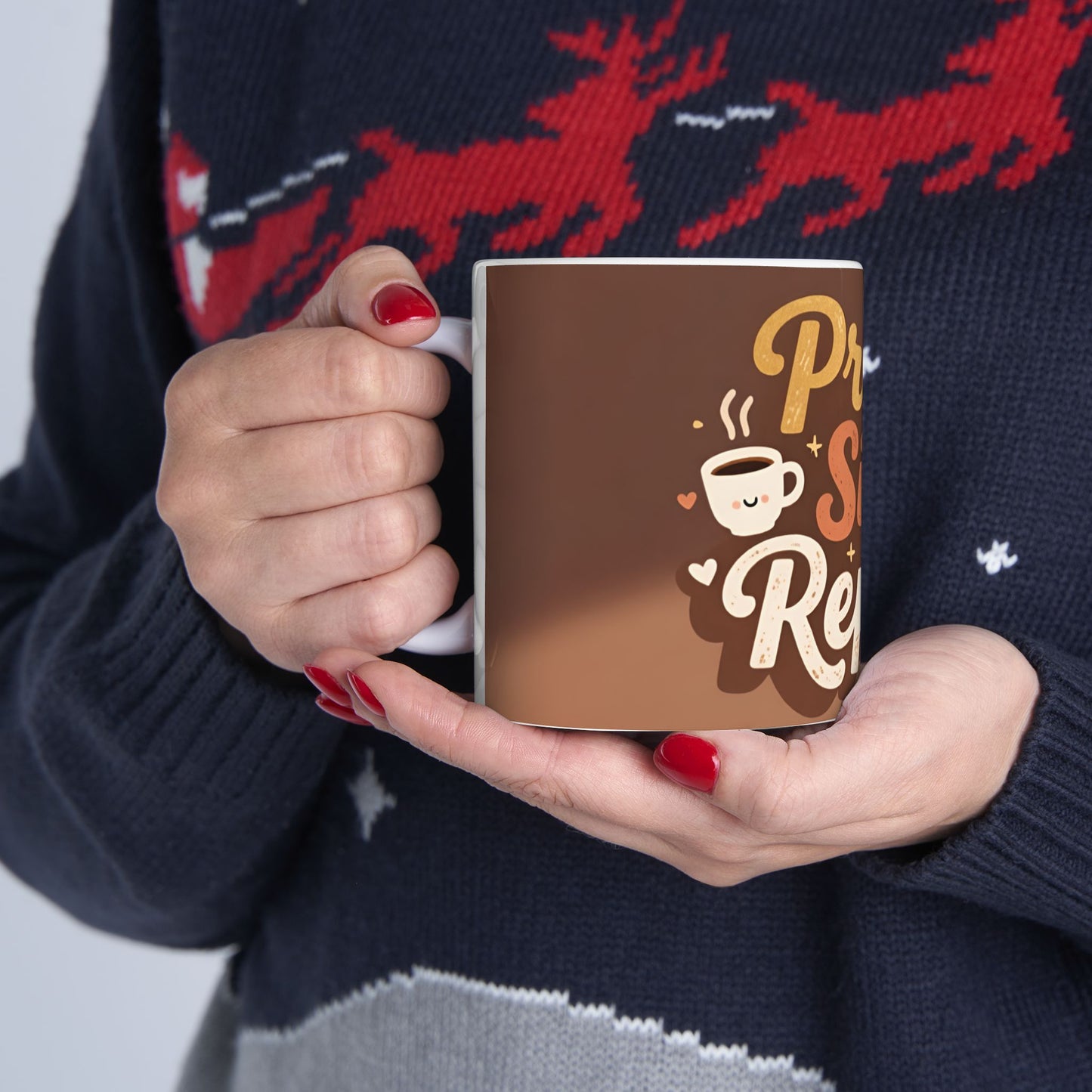 Pray Sip Repeat Mug | Ceramic Coffee Cup, Brown Stripes