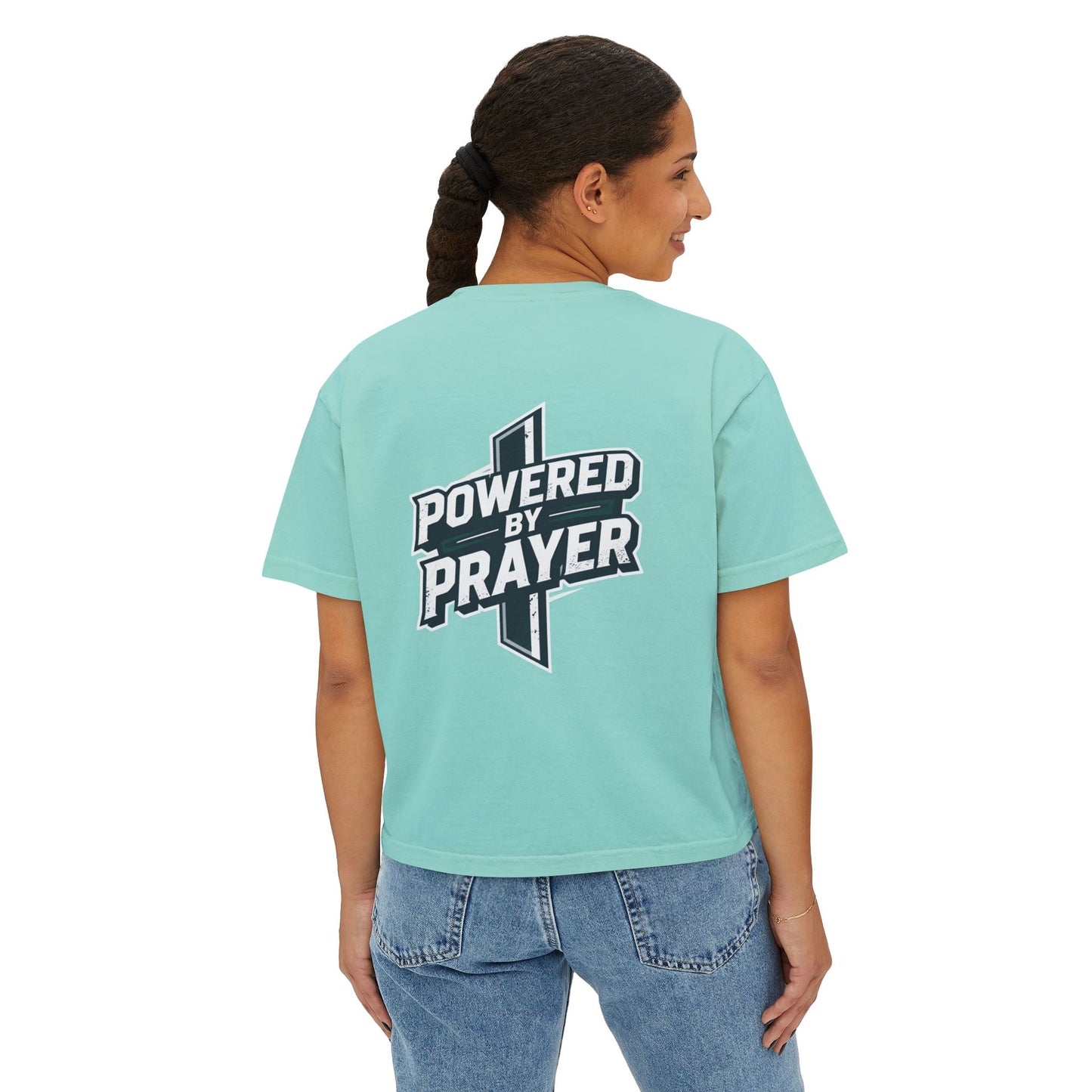 Powered by Prayer Boxy Tee — Women's Christian Graphic Shirt