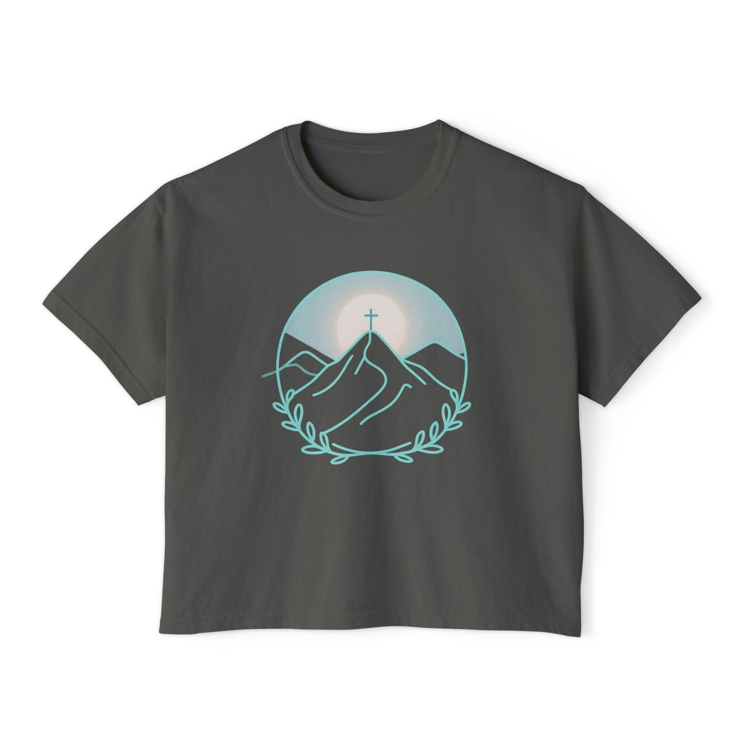 Women's Boxy Tee — Sunrise Mountain Line Art with Laurel (Calm, Faith-Inspired Vintage Tee)