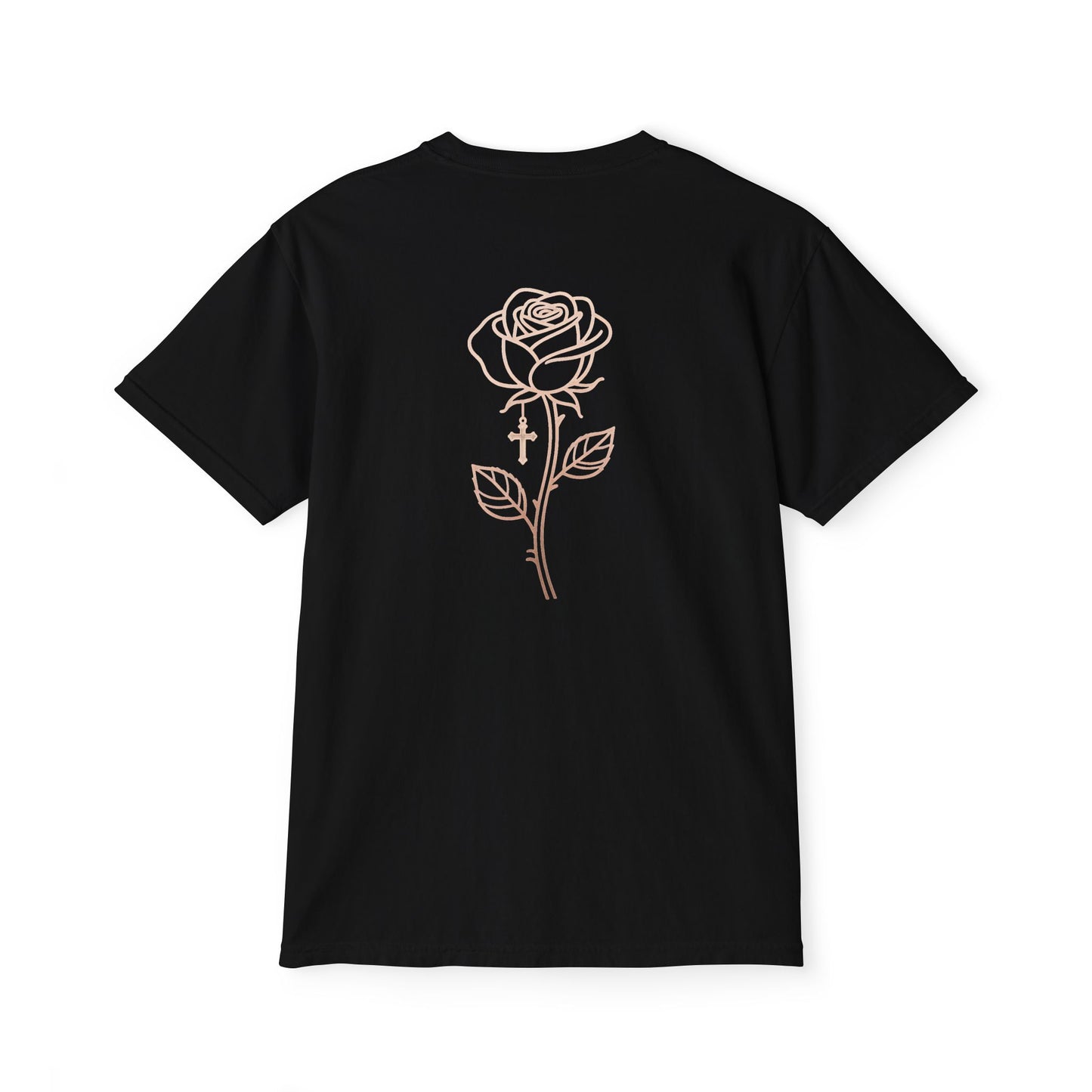 Garment-Dyed Pocket Tee — Rose Line-Art Back Design