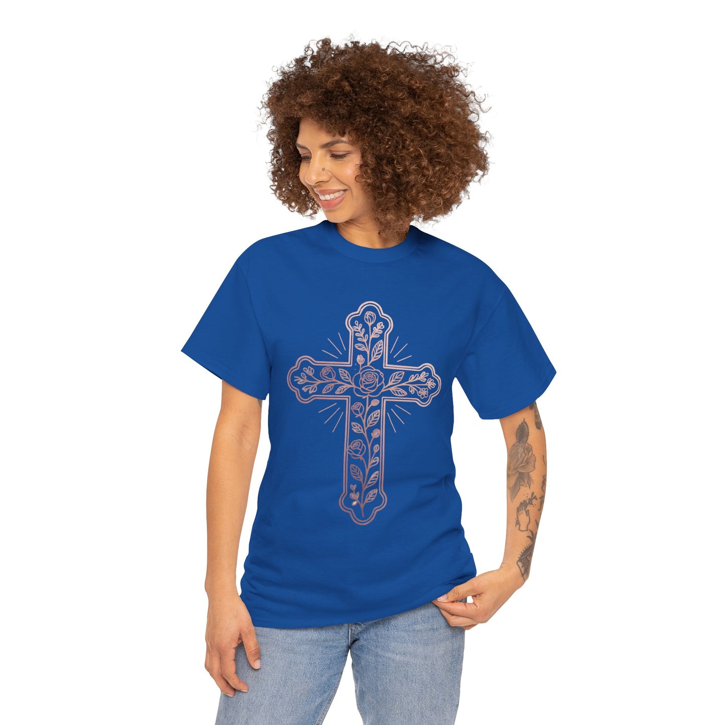 Floral Cross Tee – Delicate Pink Botanical Christian T-Shirt