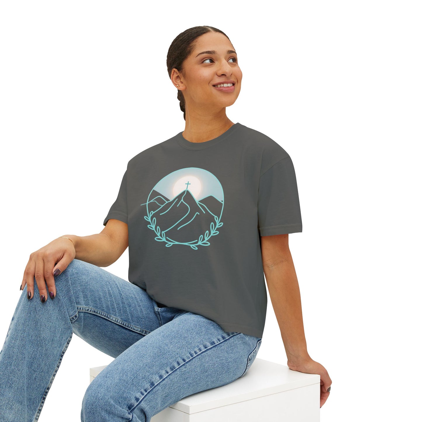 Women's Boxy Tee — Sunrise Mountain Line Art with Laurel (Calm, Faith-Inspired Vintage Tee)