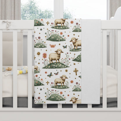 Baby Blanket — Pastoral Lamb Pattern Soft Fleece for Newborns & Baptism Gifts