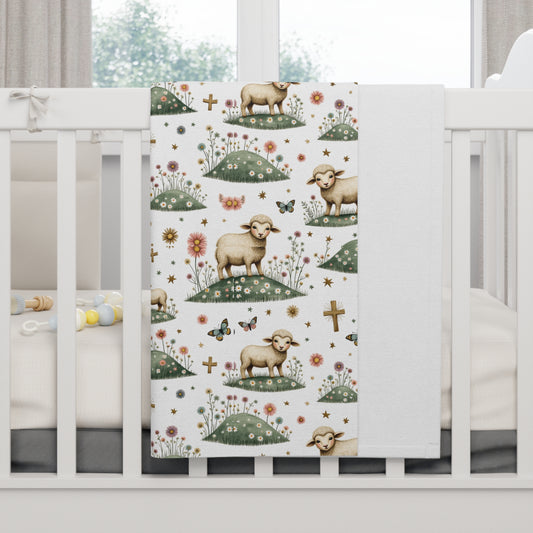 Baby Blanket — Pastoral Lamb Pattern Soft Fleece for Newborns & Baptism Gifts