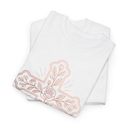 Floral Cross Tee – Delicate Pink Botanical Christian T-Shirt