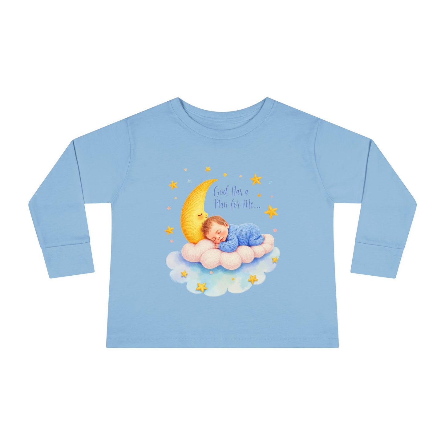 God Has a Plan for Me Toddler Long Sleeve Tee — Sleeping Baby on Moon Cloud