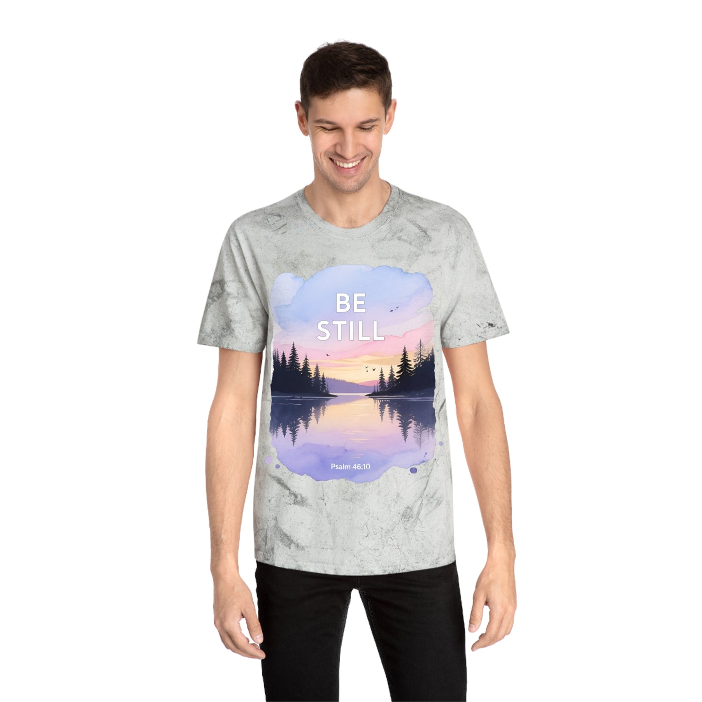 Be Still Scenic T-Shirt — Psalm 46:10 Sunset Lake Tee