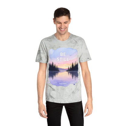 Be Still Scenic T-Shirt — Psalm 46:10 Sunset Lake Tee