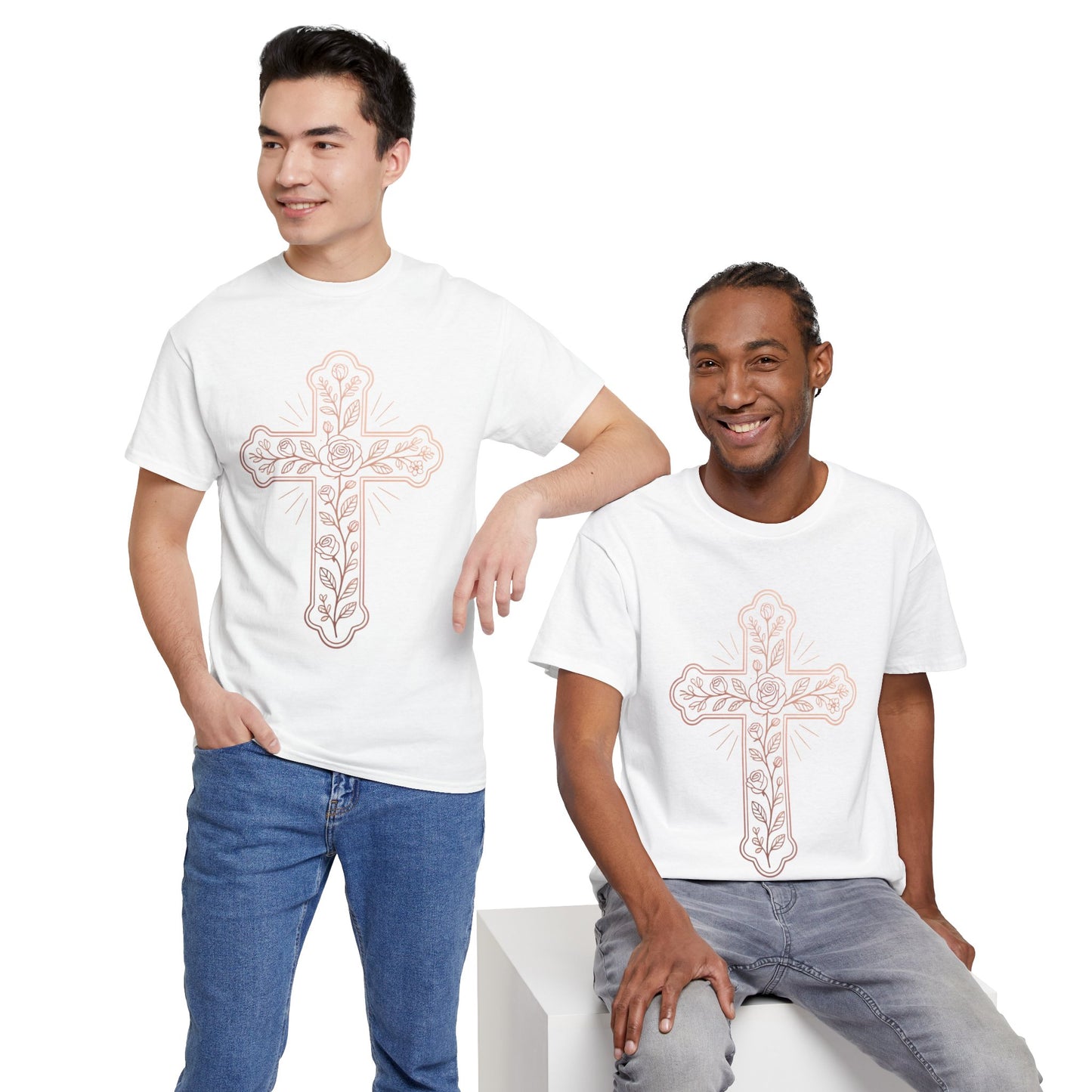 Floral Cross Tee – Delicate Pink Botanical Christian T-Shirt