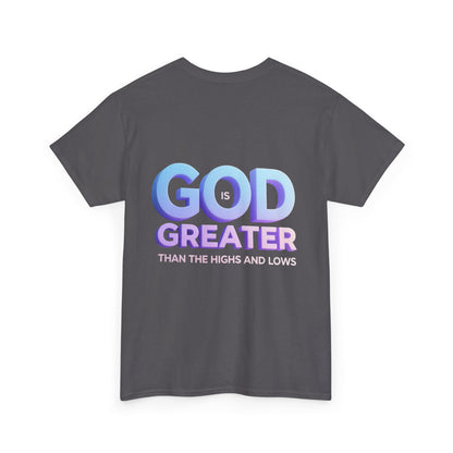 God Greater Gradient Tee — Soft Blue & Lilac Faith Shirt