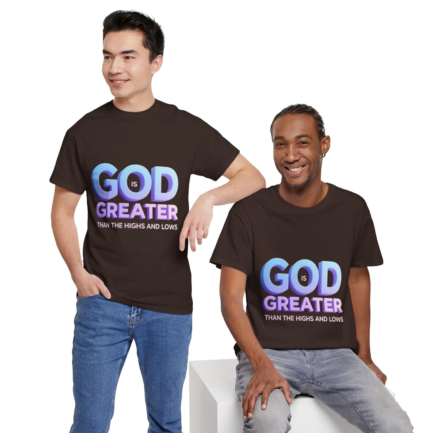 God Greater Gradient Tee — Soft Blue & Lilac Faith Shirt