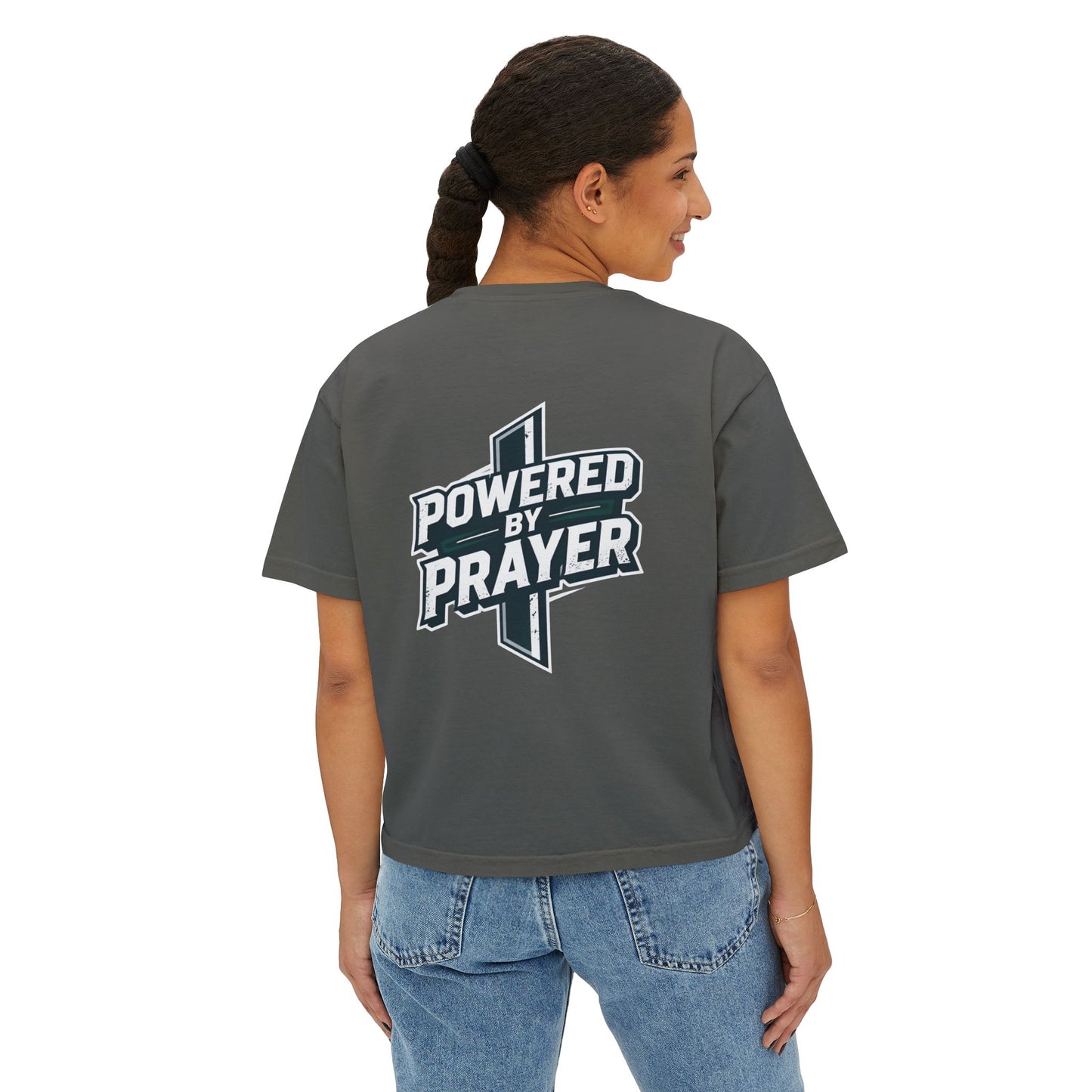 Powered by Prayer Boxy Tee — Women's Christian Graphic Shirt