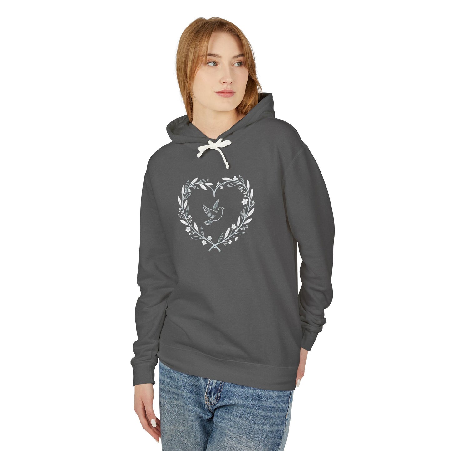 Lightweight Dove-in-Wreath Hoodie — Charcoal Comfort