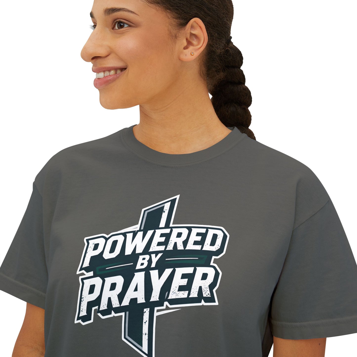 Powered by Prayer Boxy Tee — Women's Christian Graphic Shirt