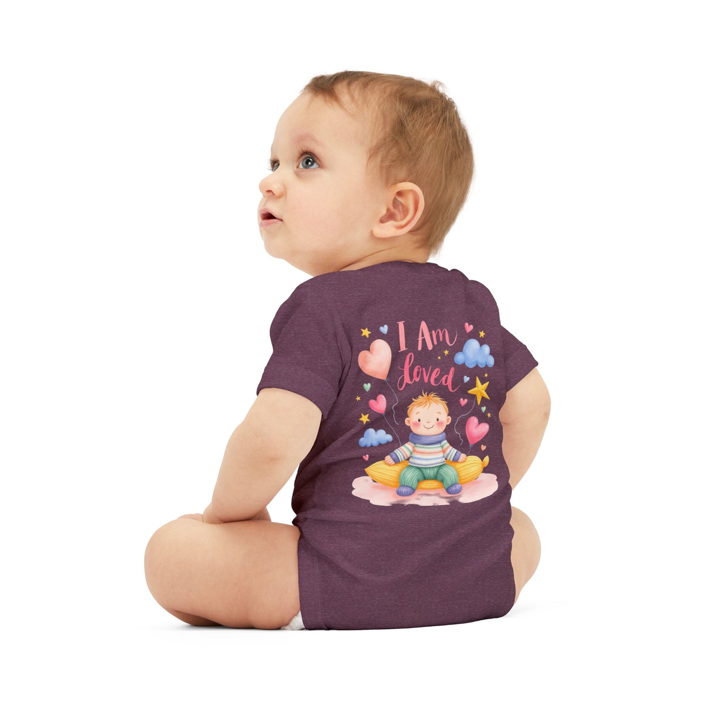 “I Am Loved” Baby Onesie – Cute Infant Bodysuit with Heart & Cloud Illustration