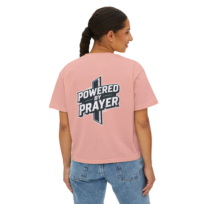 Powered by Prayer Boxy Tee — Women's Christian Graphic Shirt