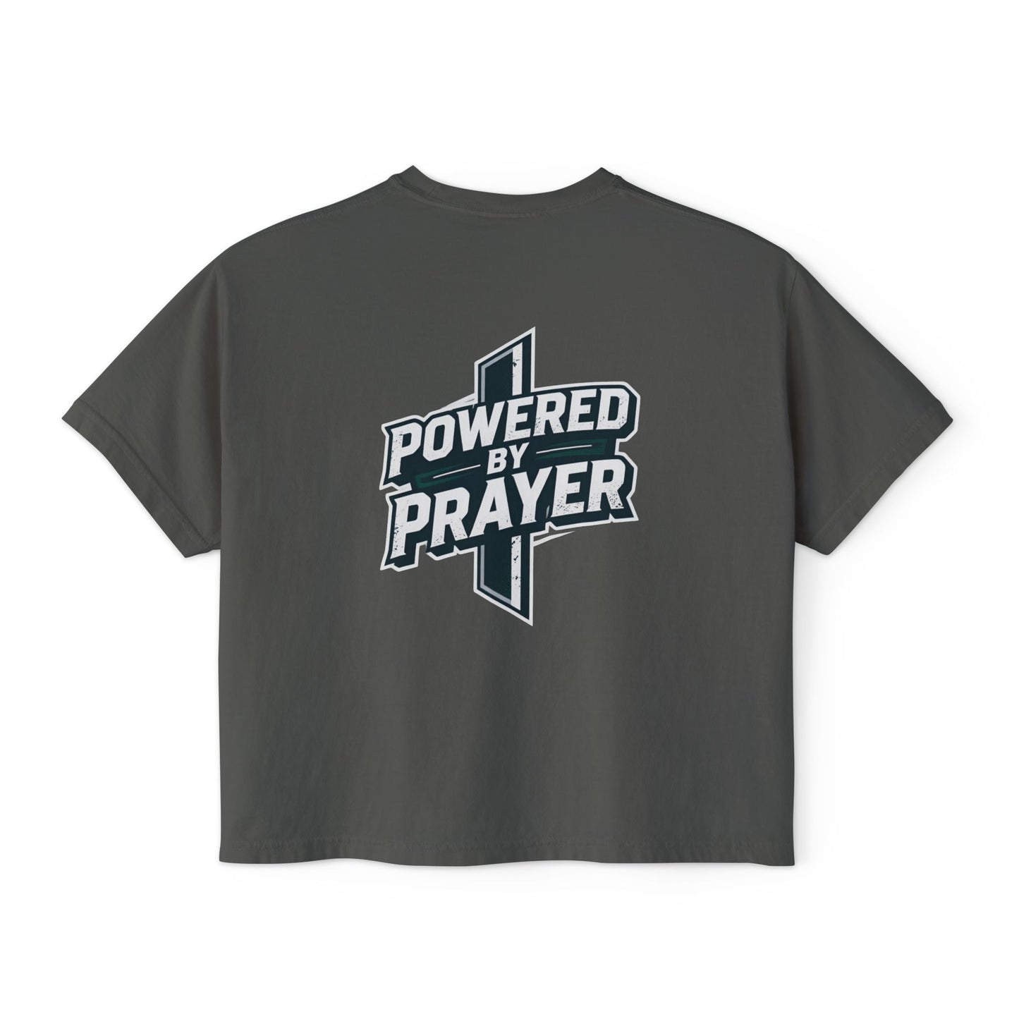 Powered by Prayer Boxy Tee — Women's Christian Graphic Shirt