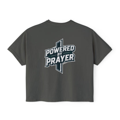 Powered by Prayer Boxy Tee — Women's Christian Graphic Shirt