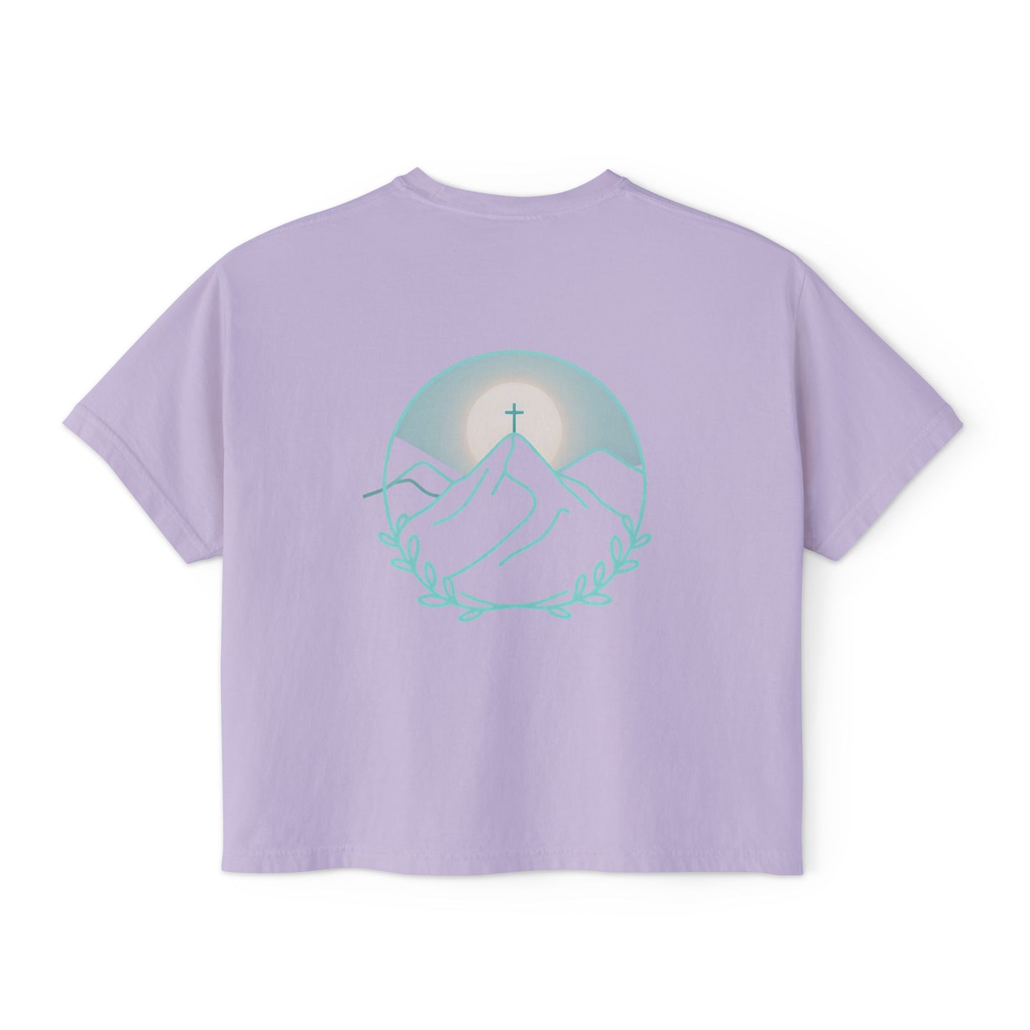 Women's Boxy Tee — Sunrise Mountain Line Art with Laurel (Calm, Faith-Inspired Vintage Tee)