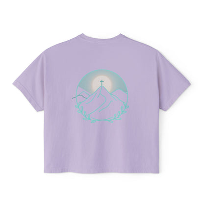 Women's Boxy Tee — Sunrise Mountain Line Art with Laurel (Calm, Faith-Inspired Vintage Tee)