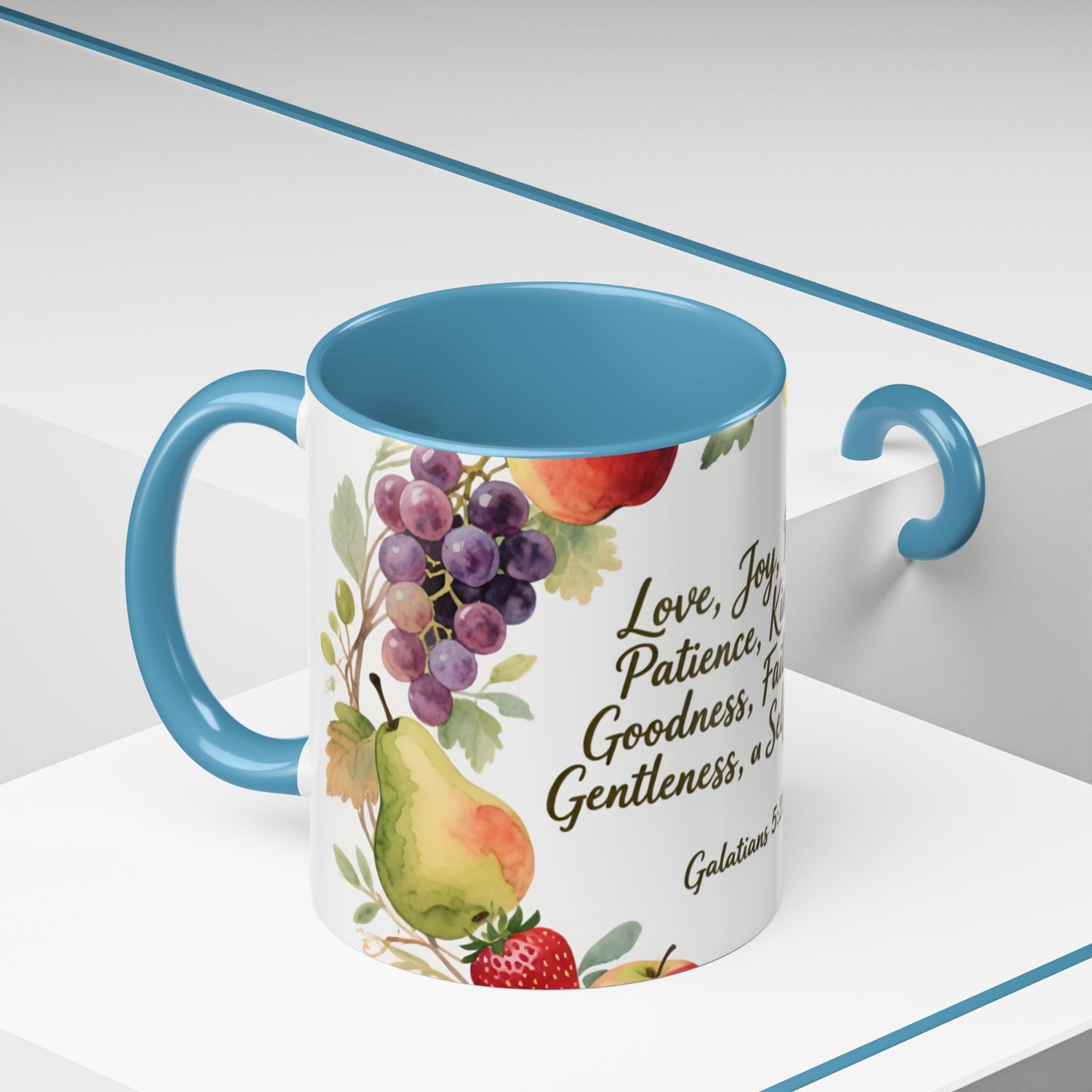 Christian Fruit of the Spirit Accent Coffee Mug — Galatians 5:22-23 Floral Scripture Design (11/15oz)