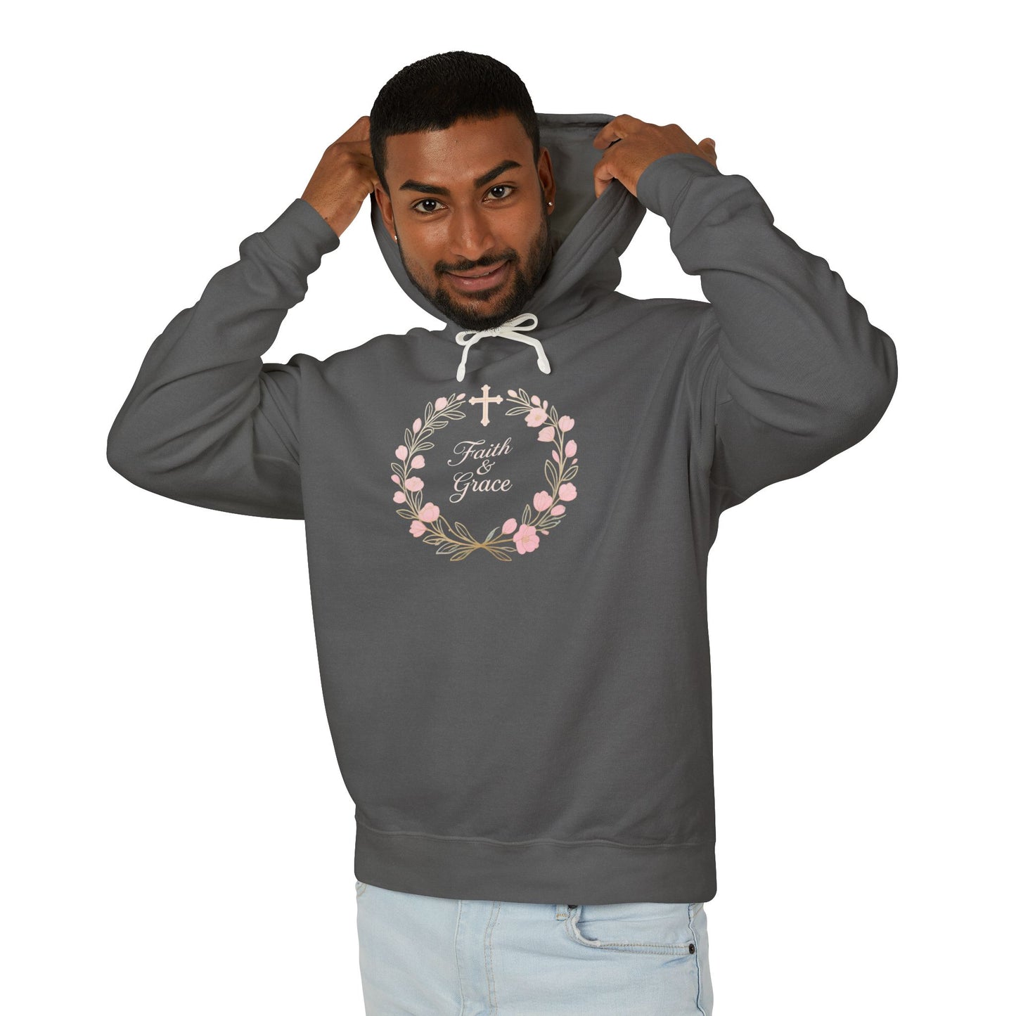 Faith & Grace Blush Rose Hoodie — Lightweight Floral Cross Pullover