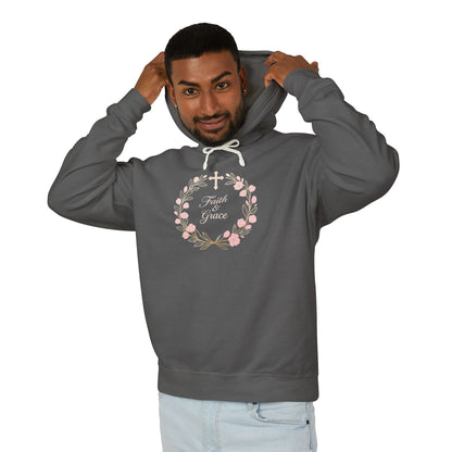 Faith & Grace Blush Rose Hoodie — Lightweight Floral Cross Pullover