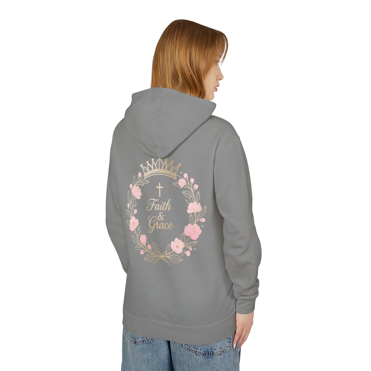 Faith & Grace Blush Rose Hoodie — Lightweight Floral Cross Pullover