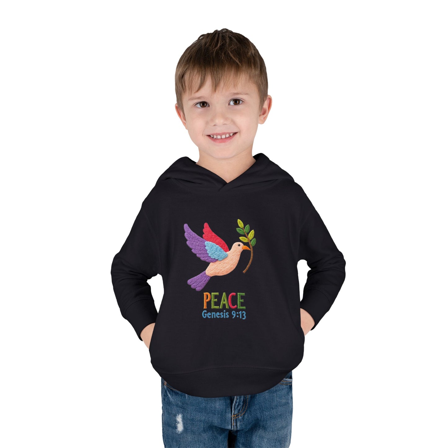 Toddler Hoodie — Colorful Peace Dove with Olive Branch & “PEACE Genesis 9:13”