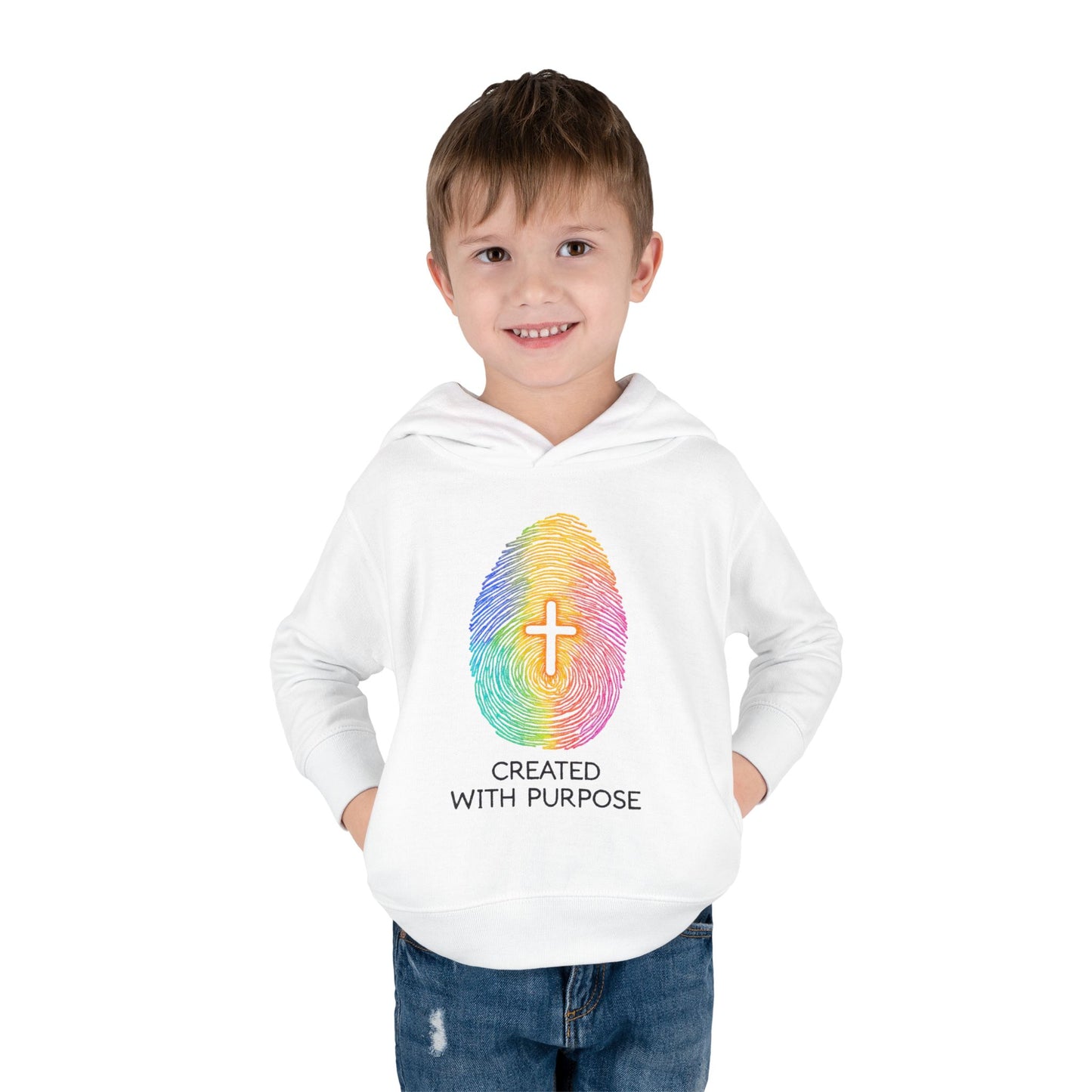 Toddler Hoodie — "Created With Purpose" Rainbow Fingerprint Cross