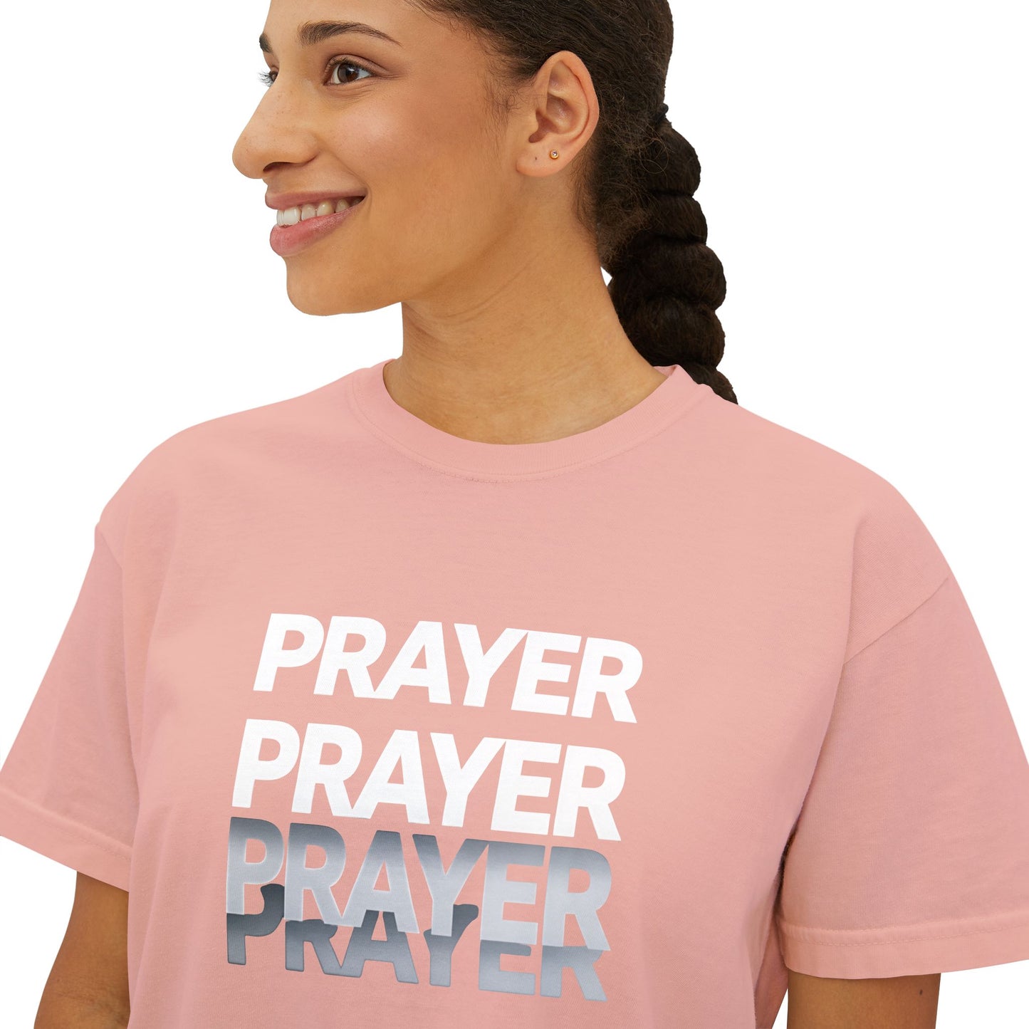 Prayer Boxy Tee — Women's Spiritual Graphic Top (Prayer Repeated Design)