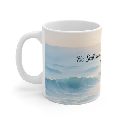 Be Still and Know Psalm 46:10 Ceramic Mug — Ocean Sunrise Faith Coffee Cup (11 oz)