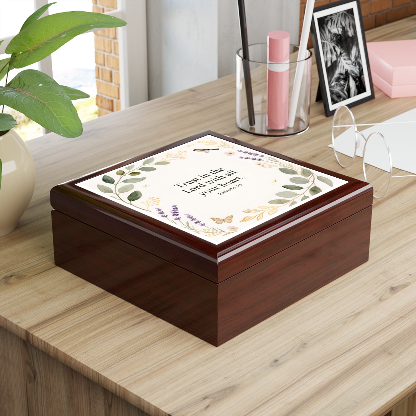 Religious Jewelry Box — "Trust in the Lord with all your heart" Floral Keepsake Box