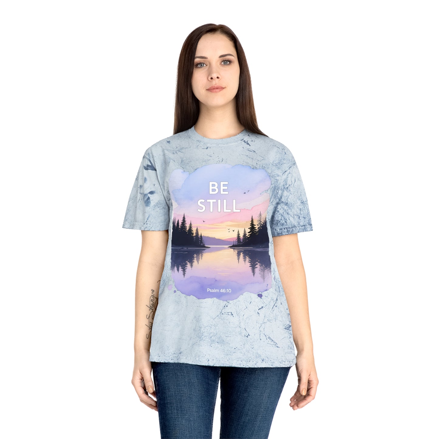 Be Still Scenic T-Shirt — Psalm 46:10 Sunset Lake Tee