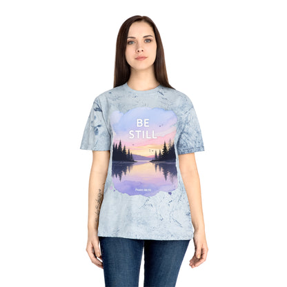 Be Still Scenic T-Shirt — Psalm 46:10 Sunset Lake Tee