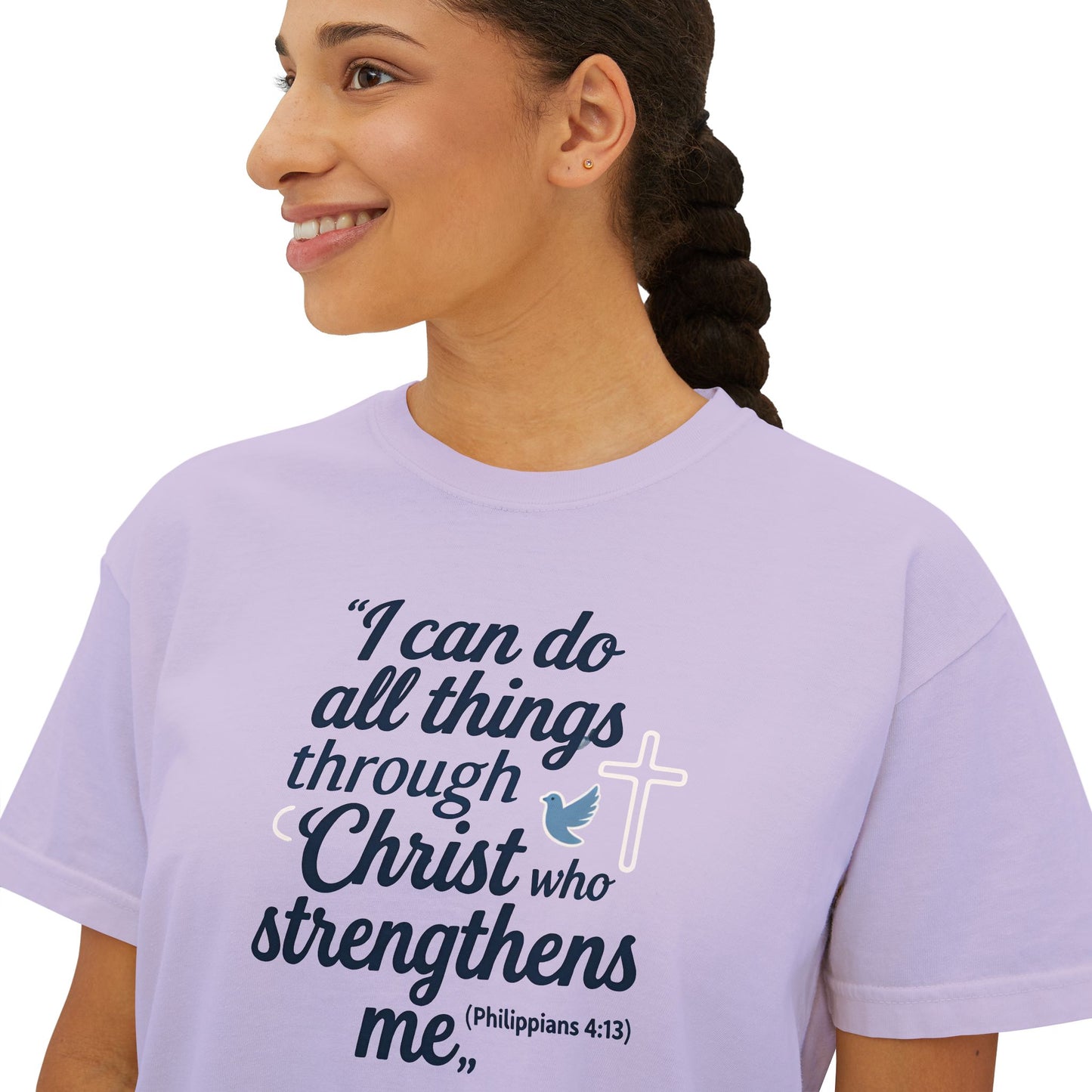 Christian Graphic Boxy Tee — "I Can Do All Things Through Christ" Inspirational Women’s T‑Shirt