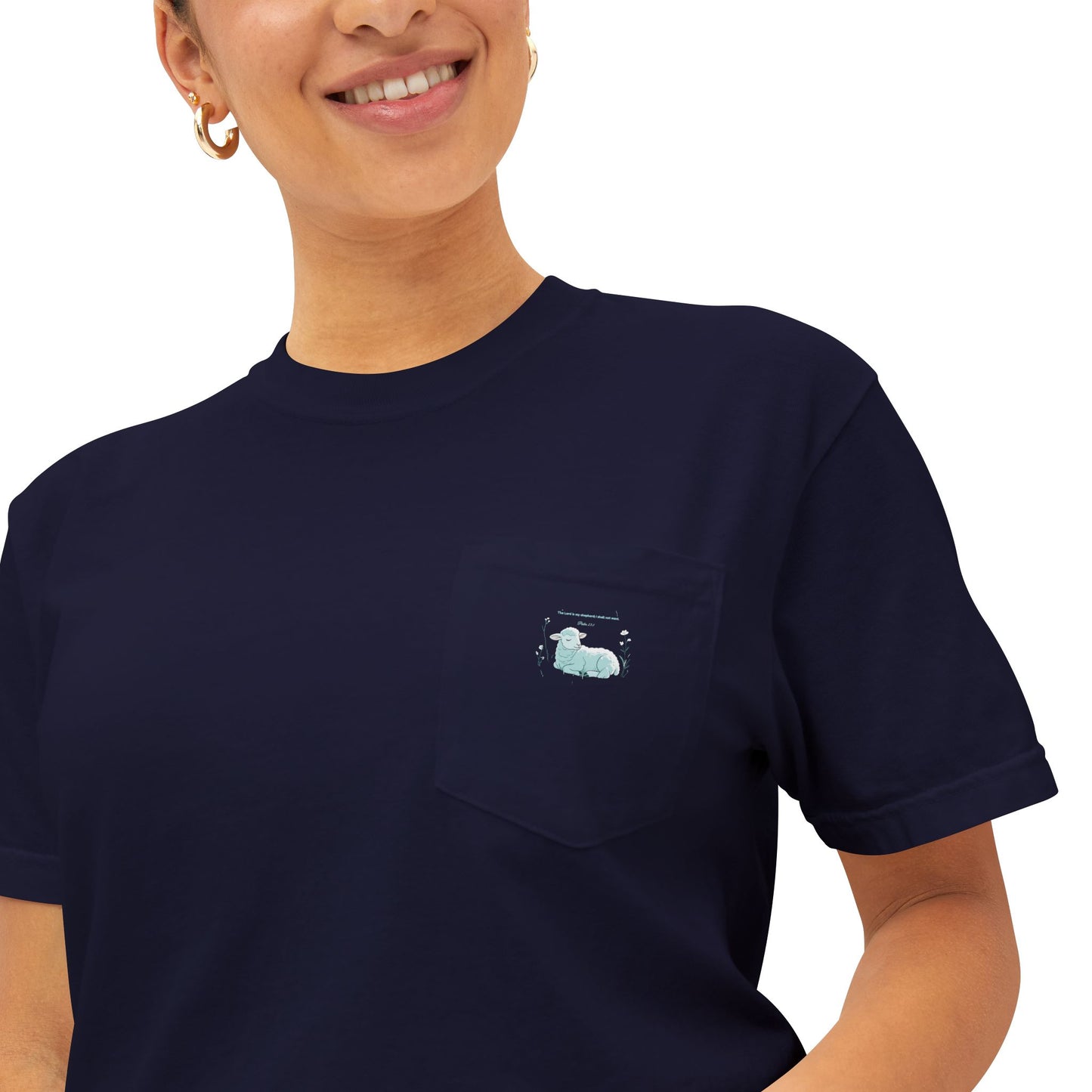 Lamb Rest Pocket T‑Shirt — Vintage Seafoam Pocket Tee with Script Verse