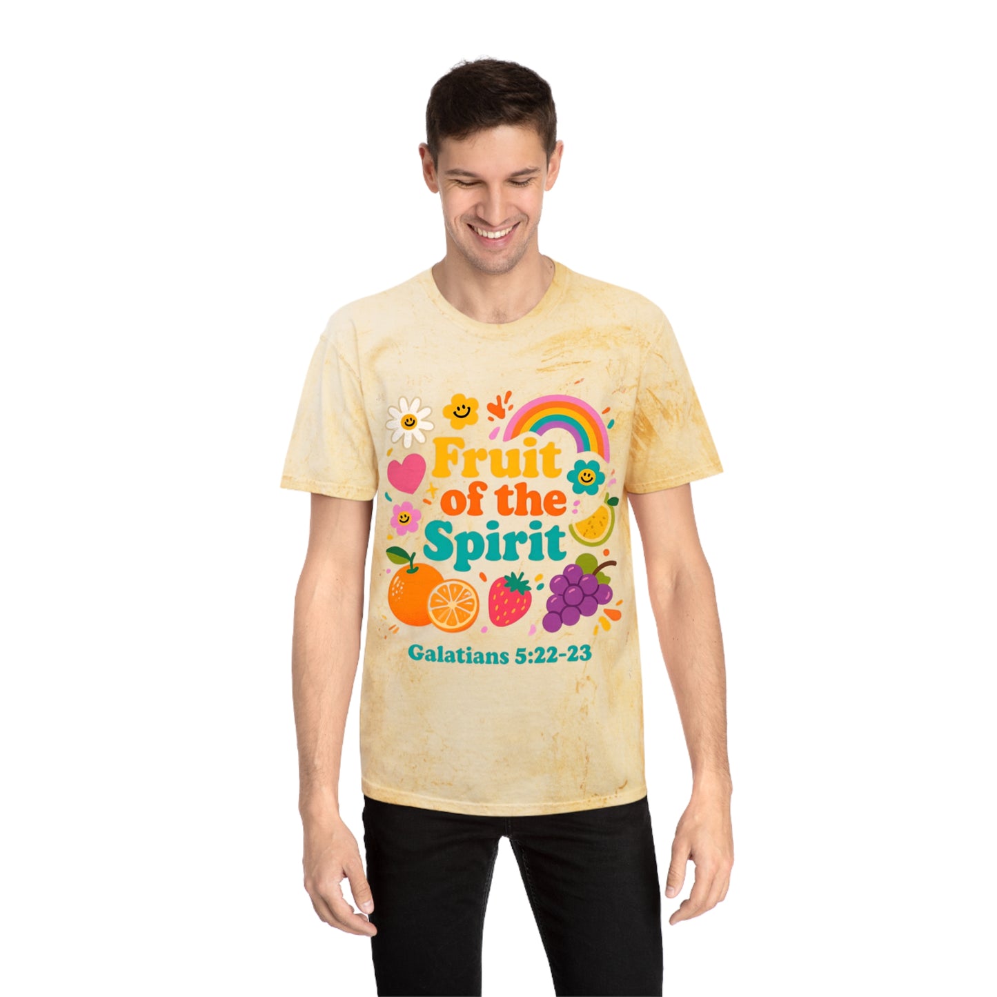 Fruit of the Spirit T-Shirt — Retro Rainbow & Fruit Christian Tee (Galatians 5:22-23)