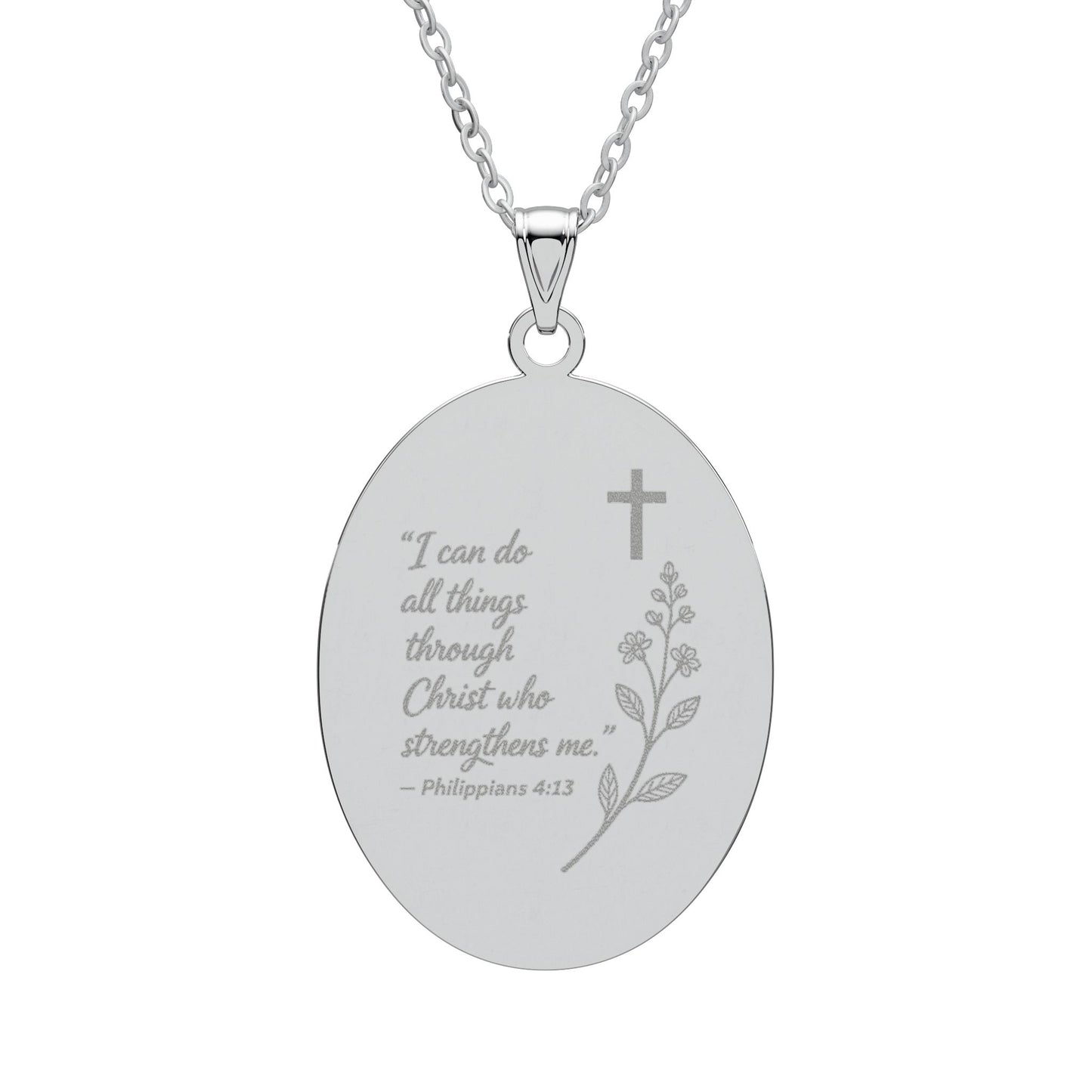 Engraved Oval Pendant Necklace — "I can do all things through Christ" Inspirational Religious Jewelry