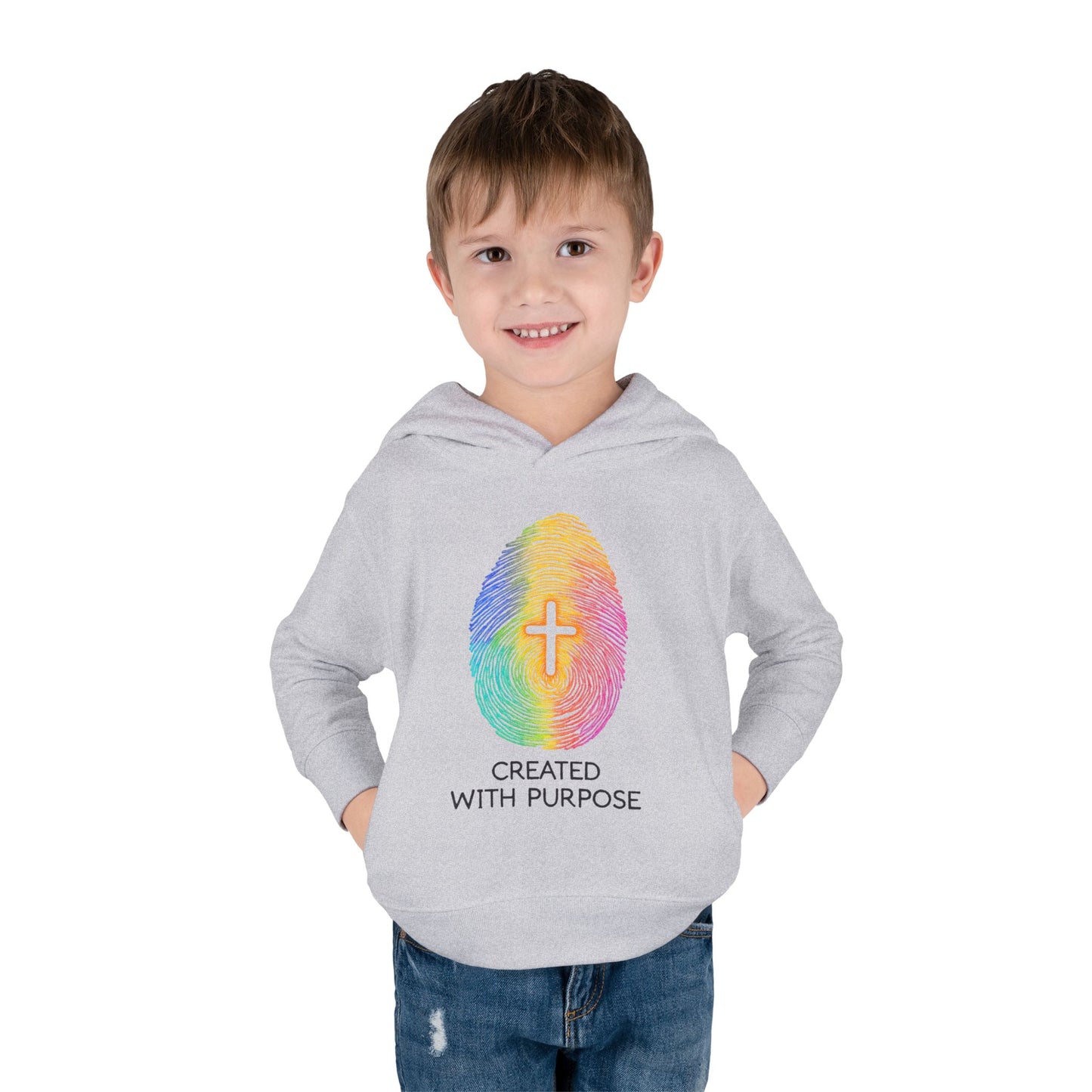 Toddler Hoodie — "Created With Purpose" Rainbow Fingerprint Cross