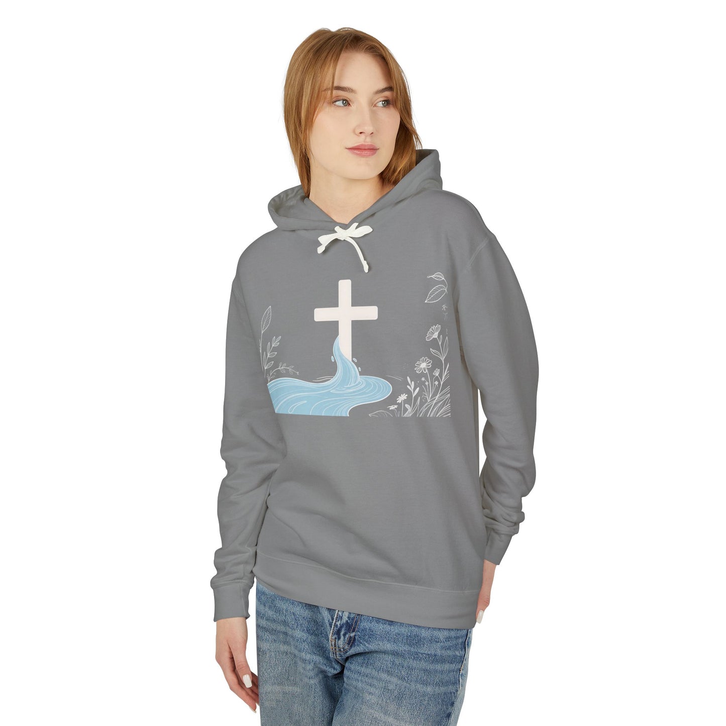 Lightweight Faith Hoodie — Subtle Cross & Stream Design
