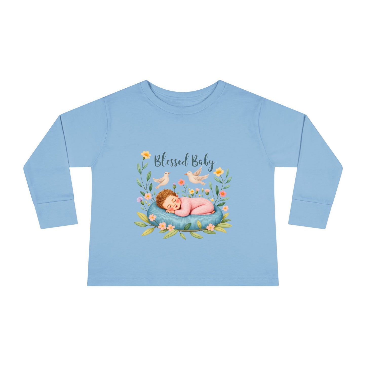 Blessed Baby Toddler Long Sleeve Tee — Cute Sleeping Newborn Floral Design